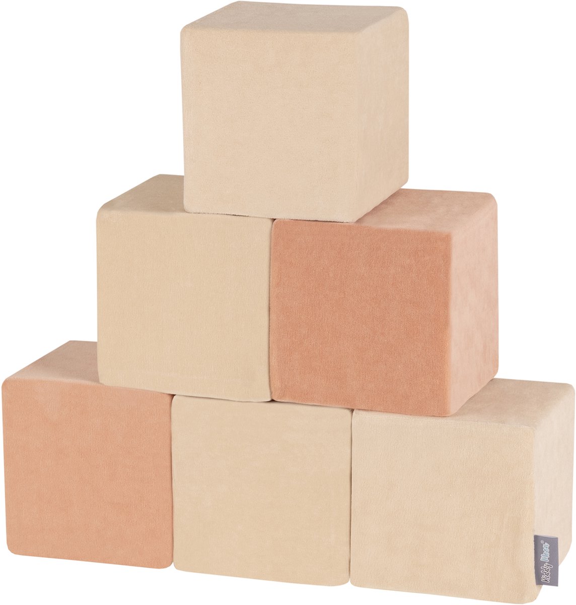KiddyMoon Soft VELVET blokken 14cm blokjes: zand beige woestijn roze 48 Foam blokken speelgoed