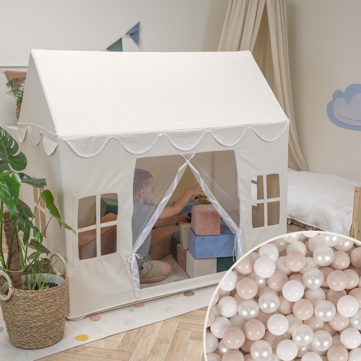   Speelhuis Kindertent Met 200 Ballen Voor Kinderen Kinderhuis Opvouwbaar Ontwerp     Indoor Creativiteit Kindertent Voor Binnen En Buiten Kinderkamer, Natuurlijke Kleur:Pastel Beige/Wit/Parel