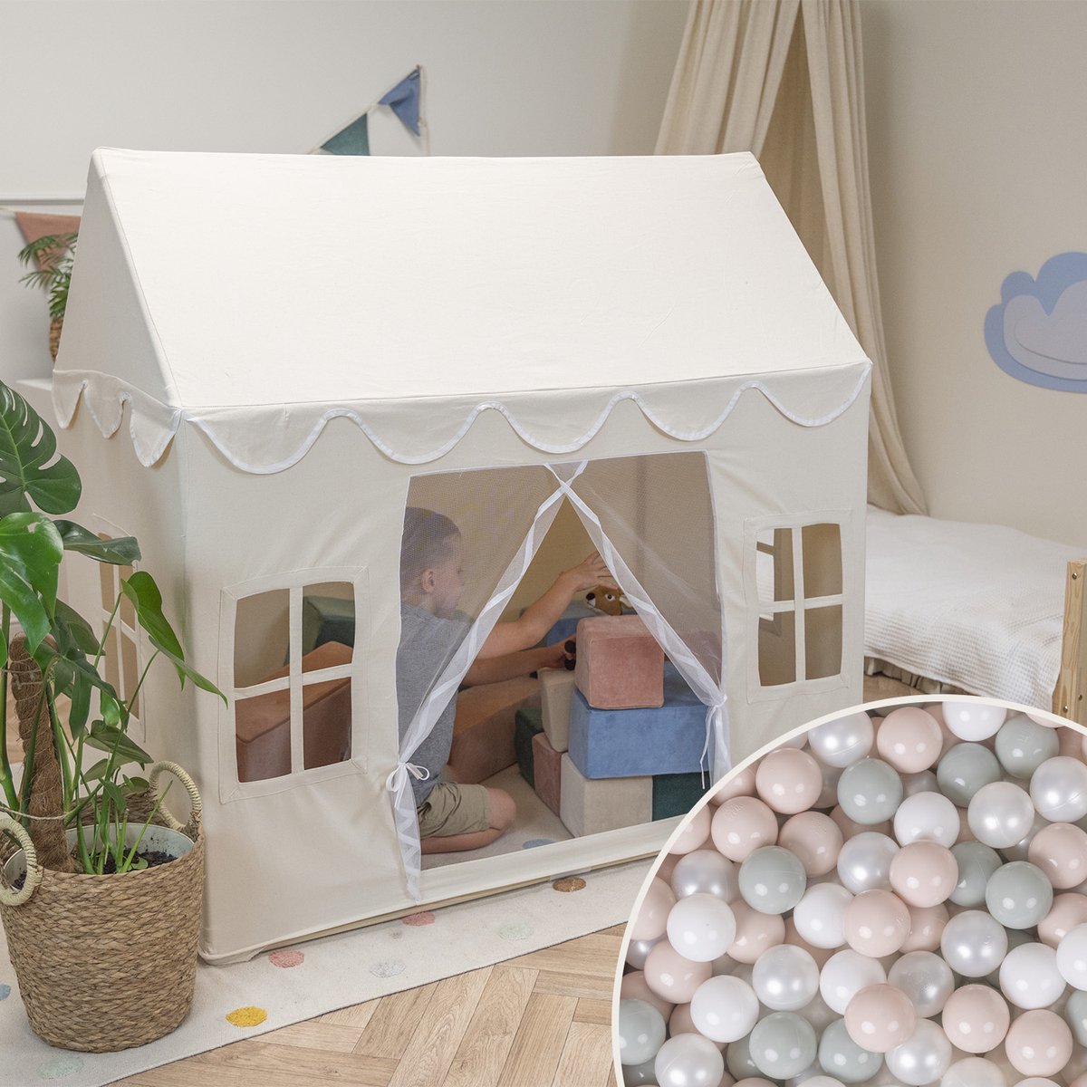  Speelhuis Kindertent Met 300 Ballen Voor Kinderen Kinderhuis Opvouwbaar Ontwerp     Indoor Creativiteit Kindertent Voor Binnen En Buiten Kinderkamer, Natuurlijke Kleur:Wit/Parel/Pastel Beige/Groen Grijs