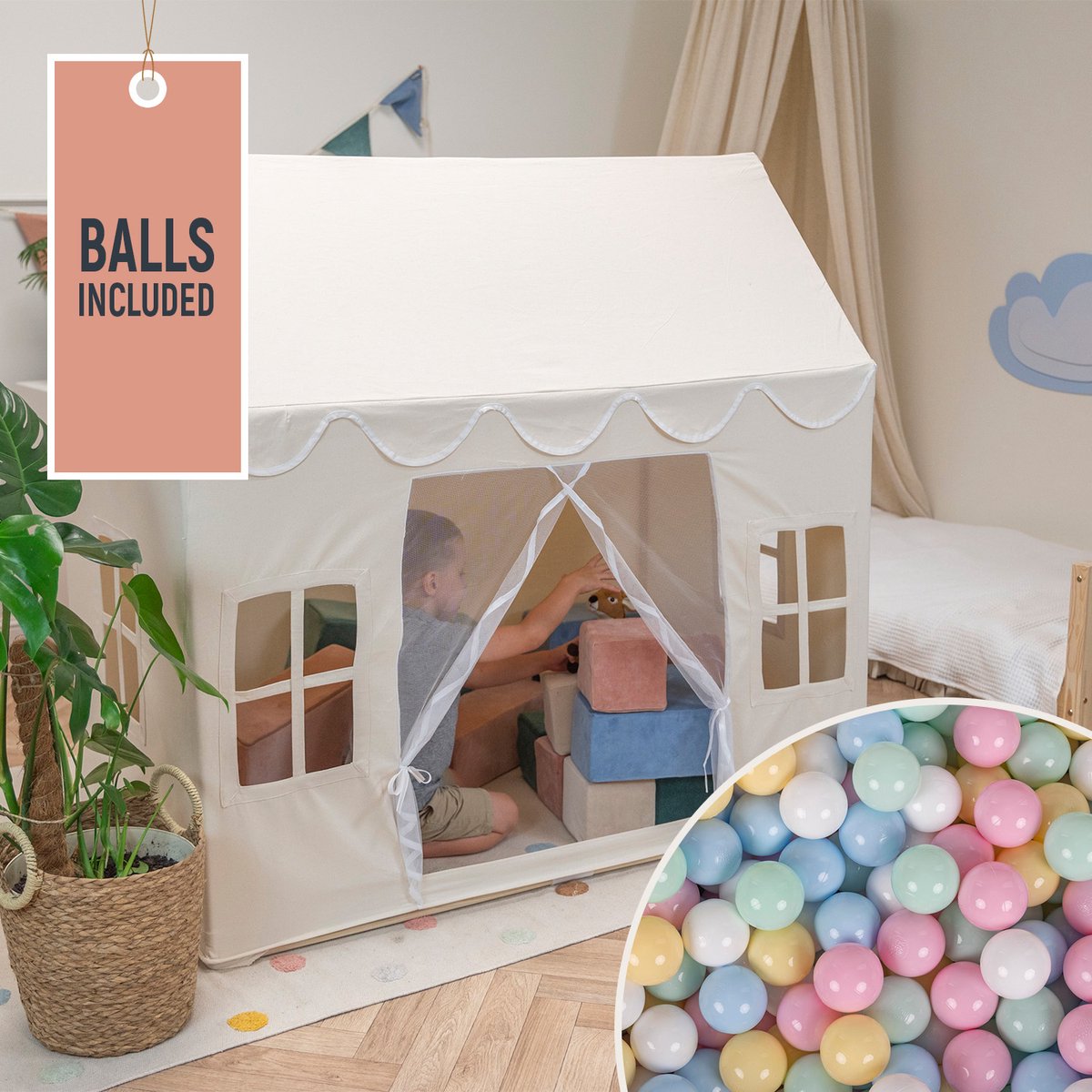   Speelhuis Kindertent Met 300 Ballen Voor Kinderen Kinderhuis Opvouwbaar Ontwerp Kindertent Indoor Creativiteit Kindertent Voor Binnen En Buiten Kinderkamer, Natuurlijke Kleur:Pastelblauw/Pastelgeel/Wit/Mint/Poederroze
