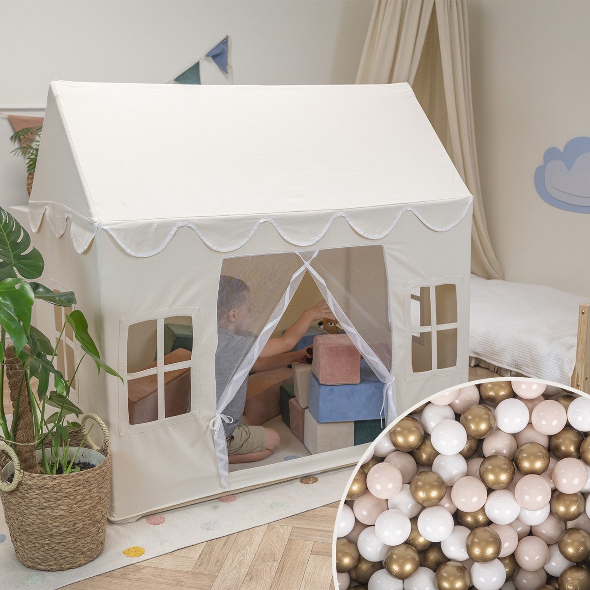 KiddyMoon Speelhuis Kindertent Met 400 Ballen Voor Kinderen Kinderhuis Opvouwbaar Ontwerp KiddyMoon Speeltent Indoor Creativiteit Kindertent Voor Binnen En Buiten Kinderkamer, Natuurlijke Kleur:Pastel Beige/Wit/Goud