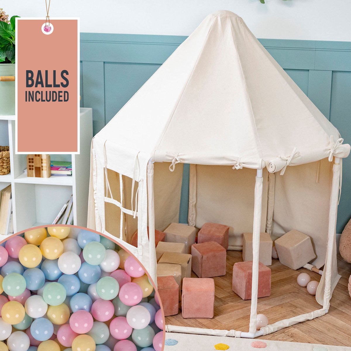     Kindertent Met 100 Ballen Opvouwbaar Voor Kinderen Paviljoenvormig Kinderhuis Gemakkelijk In elkaar te zetten Om Binnen En Buiten Te Spelen, Natuurlijke Kleur:Pastelblauw/Pastelgeel/Wit/Mint/Poederroze