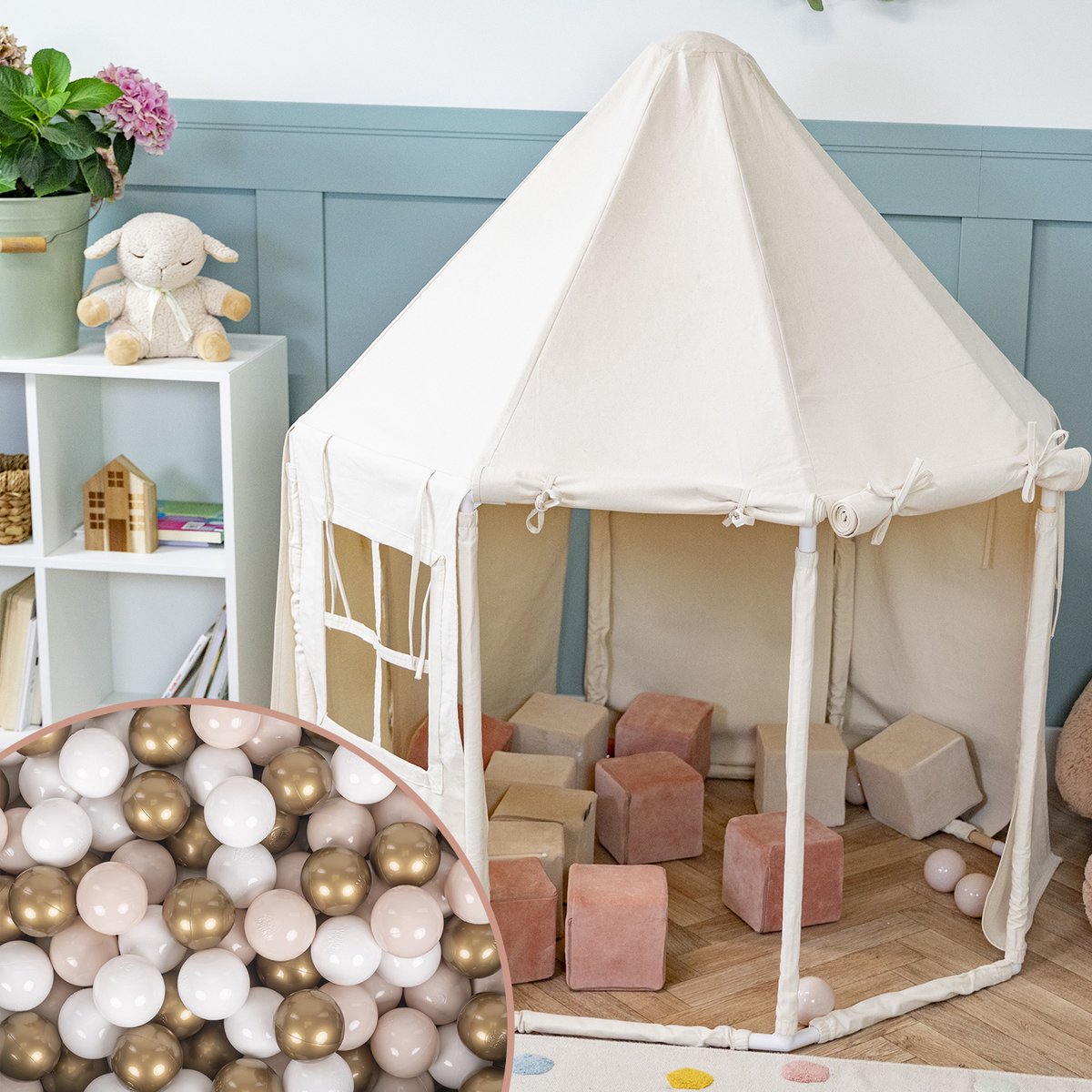    Kindertent Met 300 Ballen Opvouwbaar Voor Kinderen Paviljoenvormig Kinderhuis Gemakkelijk In elkaar te zetten Om Binnen En Buiten Te Spelen, Natuurlijke Kleur:Pastel Beige/Wit/Goud