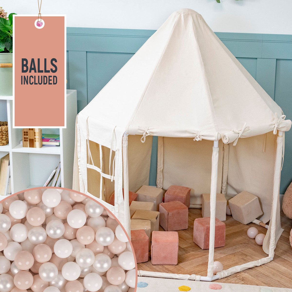     Kindertent Met 300 Ballen Opvouwbaar Voor Kinderen Paviljoenvormig Kinderhuis Gemakkelijk In elkaar te zetten Om Binnen En Buiten Te Spelen, Natuurlijke Kleur:Pastel Beige/Wit/Parel