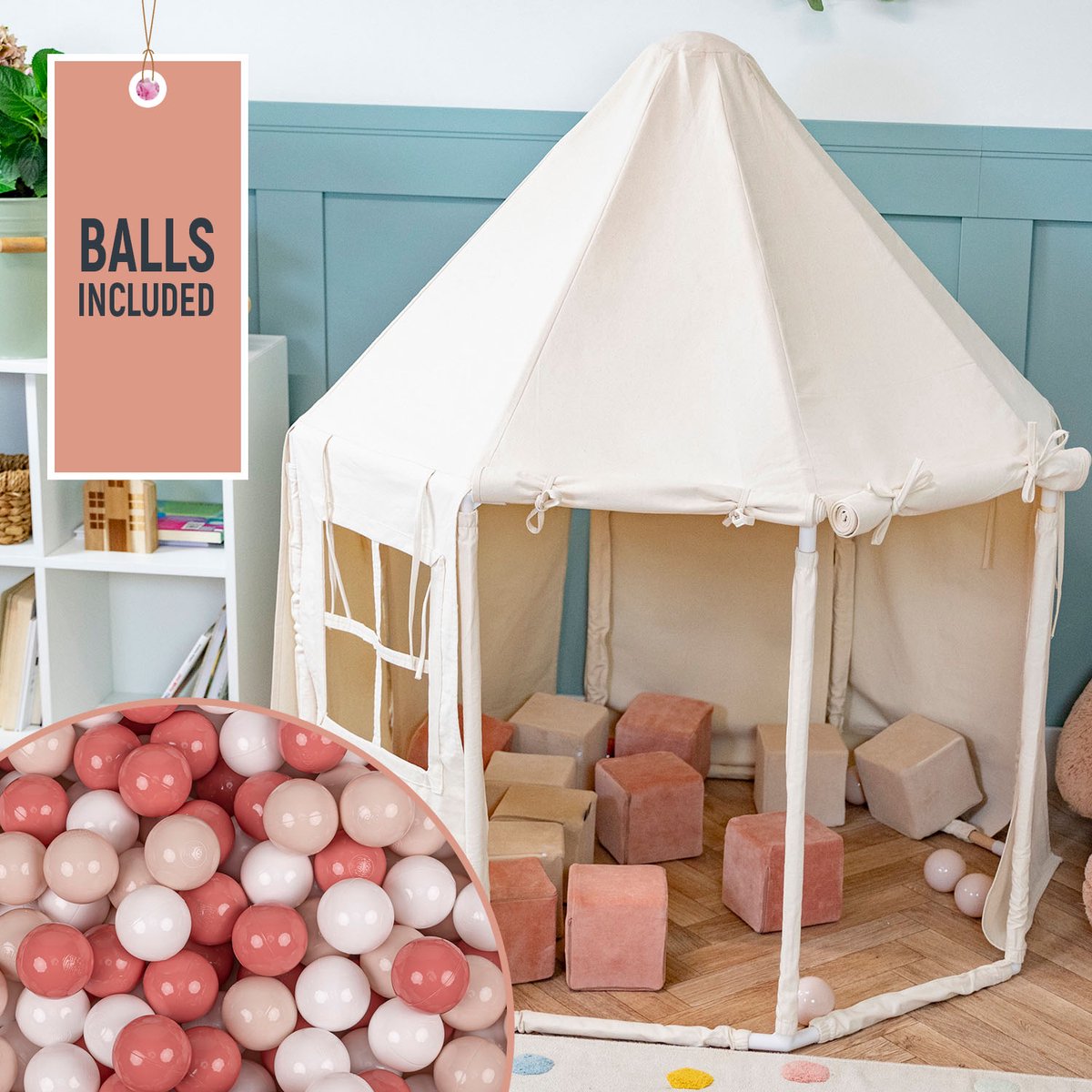     Kindertent Met 400 Ballen Opvouwbaar Voor Kinderen Paviljoenvormig Kinderhuis Gemakkelijk In elkaar te zetten Om Binnen En Buiten Te Spelen, Natuurlijke Kleur:Pastel Beige/Zalm/Wit