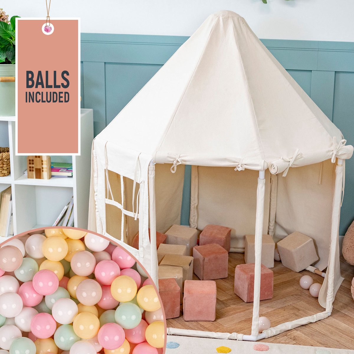     Kindertent Met 700 Ballen Opvouwbaar Voor Kinderen Paviljoenvormig Kinderhuis Gemakkelijk In elkaar te zetten Om Binnen En Buiten Te Spelen, Natuurlijke Kleur:Pastel Beige/Pastelgeel/Wit/Mint/Poederroze