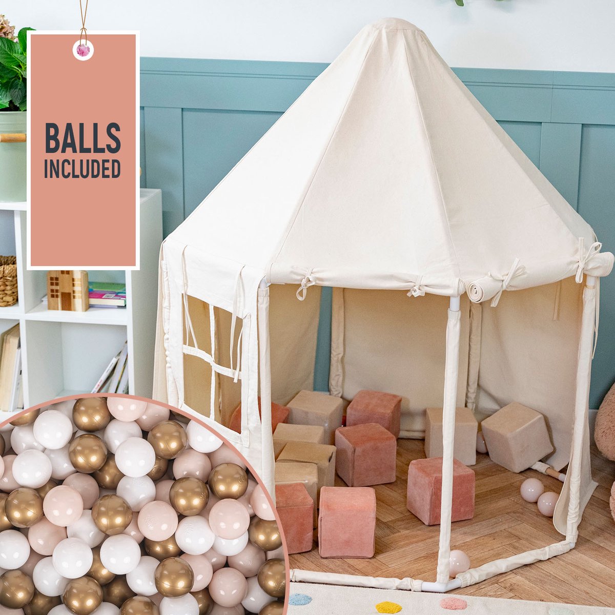     Kindertent Met 700 Ballen Opvouwbaar Voor Kinderen Paviljoenvormig Kinderhuis Gemakkelijk In elkaar te zetten Om Binnen En Buiten Te Spelen, Natuurlijke Kleur:Pastel Beige/Wit/Goud