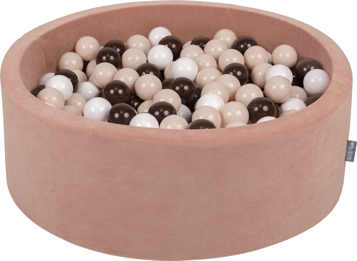 KiddyMoon Velvet Ballenbak voor kinderen 90x30cm Rond - Met 200 Ballen ∅ 7cm - Speelgoed - BPA-vrije ballenbakken - Ballenbad baby foam - Kunststof ballen - Woestijnrozen: Pastelbeige Bruin Wit