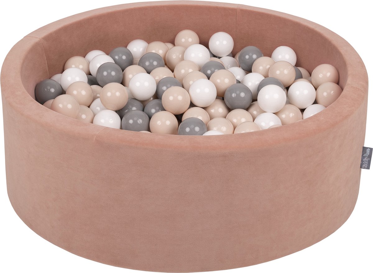 KiddyMoon Velvet Ballenbak voor kinderen 90x30cm Rond - Met 200 Ballen ∅ 7cm - Speelgoed - BPA-vrije ballenbakken - Ballenbad baby foam - Kunststof ballen - Woestijnrozen: Pastelbeige Grijs Wit