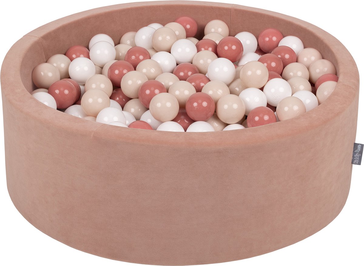 KiddyMoon Velvet Ballenbak voor kinderen 90x30cm Rond - Met 300 Ballen ∅ 7cm - Speelgoed - BPA-vrije ballenbakken - Ballenbad baby foam - Kunststof ballen - Woestijnrozen: Pastelbeige Zalmkleur Wit