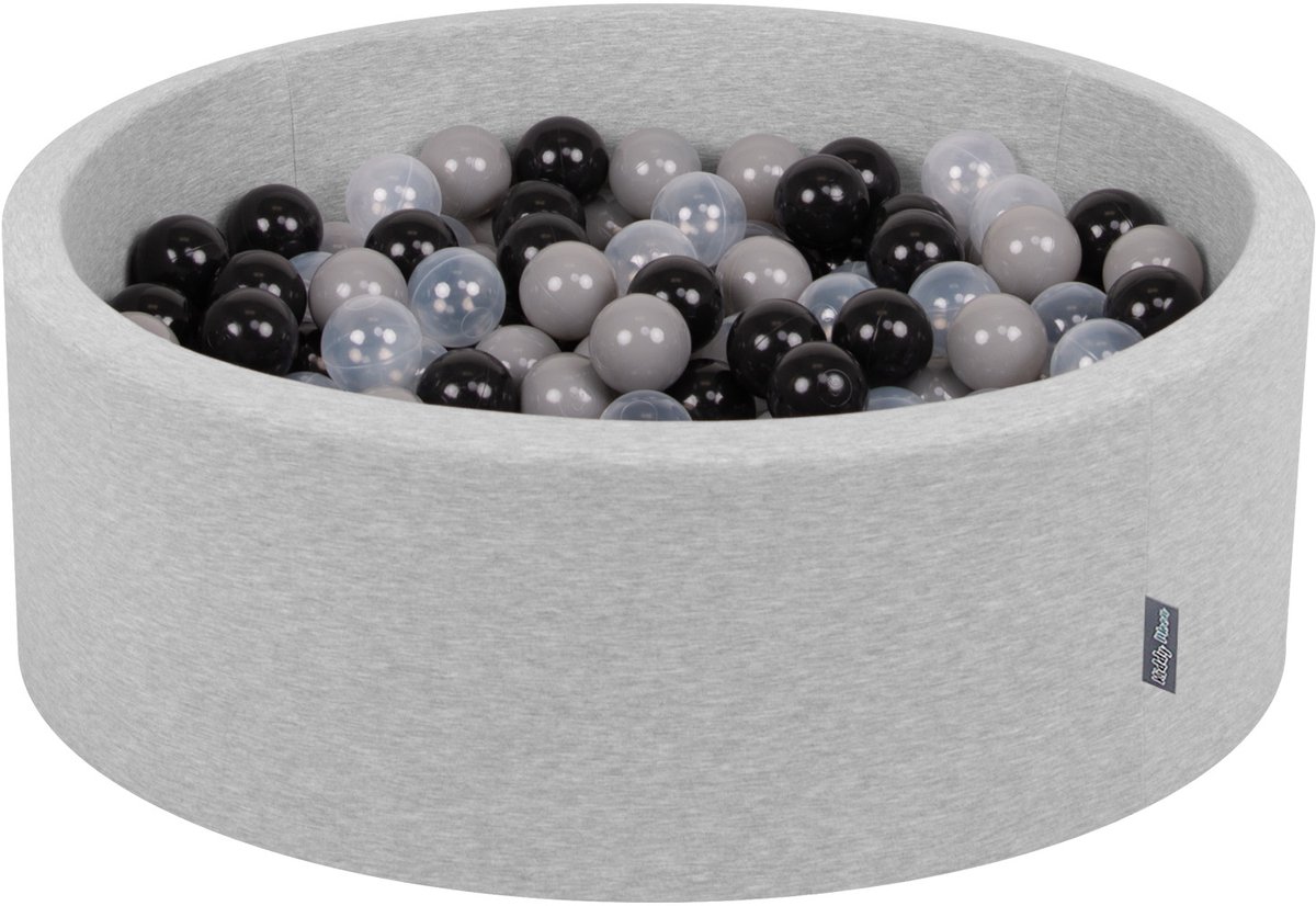 KiddyMoon ballenbad 90x30cm - 200 ballen ∅ 7cm ballenbad met kleurrijke ballen voor babys kinderen rond, lichtgrijs:zwart/grijs/transparant