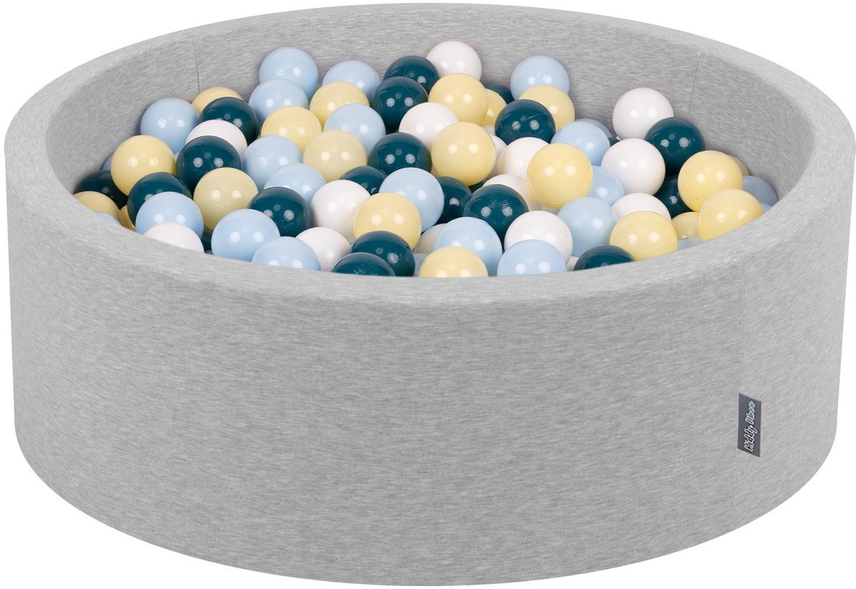 KiddyMoon ballenbad 90x30cm - 300 ballen ∅ 7cm ballenbad met kleurrijke ballen - voor babys kinderen rond - lichtgrijs: donker turquoise pastelblauw pastelgeel wit