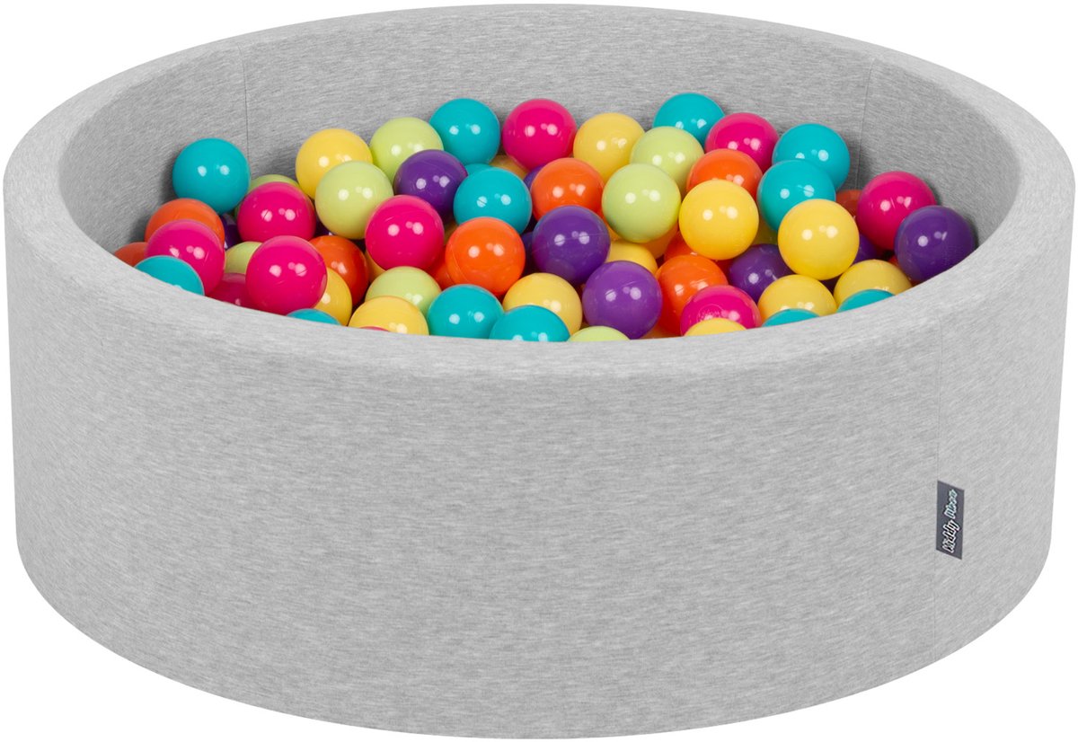 KiddyMoon ballenbad 90x30cm - 300 ballen ∅ 7cm ballenbad met kleurrijke ballen voor babys kinderen rond, lichtgrijs:lichtgroen/geel/turquoise/oranje/roze/paars