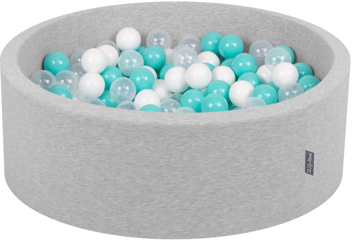 KiddyMoon ballenbad 90x30cm - 300 ballen ∅ 7cm ballenbad met kleurrijke ballen voor babys kinderen rond - lichtgrijs:licht turquoise/wit/transparant