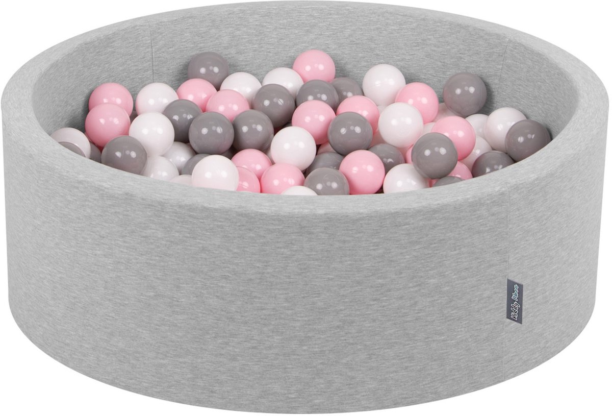 KiddyMoon ballenbad 90x30cm - 300 ballen ∅ 7cm ballenbad met kleurrijke ballen voor babys kinderen rond - lichtgrijs:wit/grijs/roze