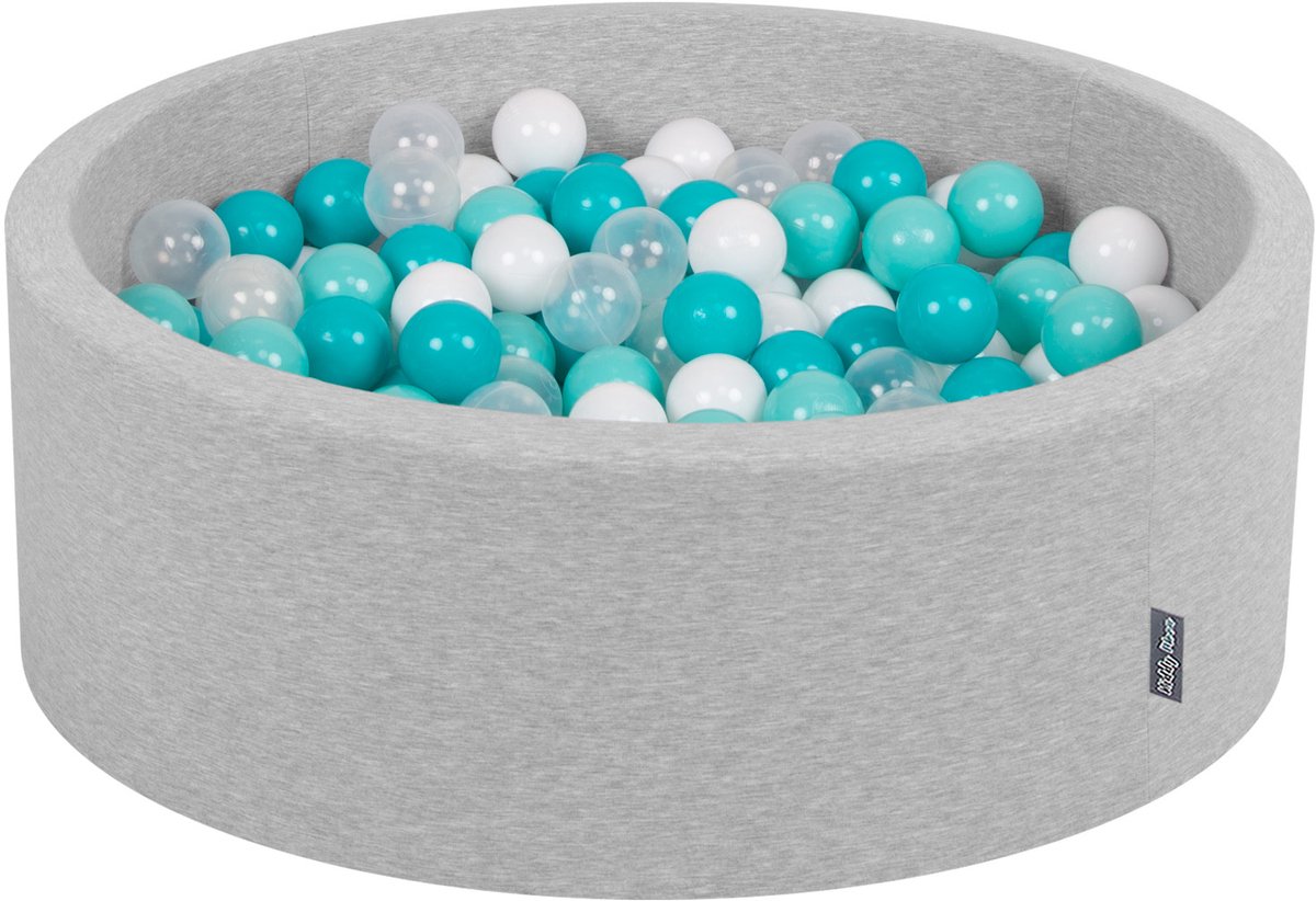 KiddyMoon ballenbad 90x30cm/200 ballen ∅ 7cm ballenbad met kleurrijke ballen voor babys kinderen rond, lichtgrijs:licht turquoise/wit/transparant/turquoise