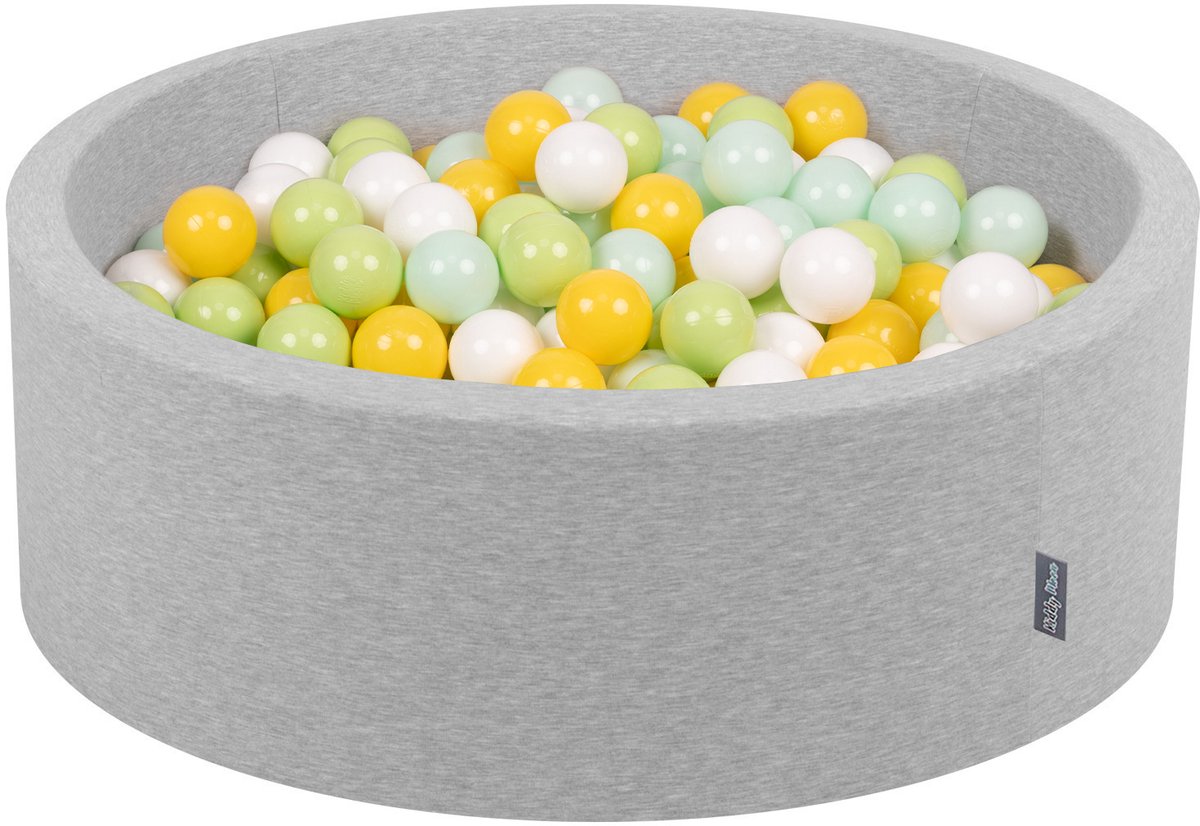 KiddyMoon ballenbad 90x30cm 300 ballen ballenbad met kleurrijke ballen voor babys kinderen rond, lichtgrijs:wit/mint/lichtgroen/geel