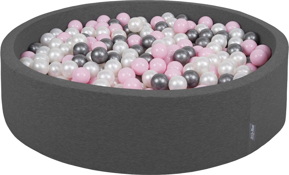 KiddyMoon rond ballenbad ballenbad 120x30cm/200 ballen ∅ 7cm ballenbakken kleurrijke ballen voor babys peuterspeelzaal, made in the eu, donkergrijs:pearl-powder-powder-pink-silver