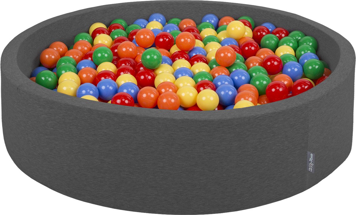 KiddyMoon rond ballenbad ballenbad 120x30cm/300 ballen ∅ 7cm ballenbakken kleurrijke ballen voor babys peuterspeelzaal, made in the eu, donkergrijs:geel-groen-blauw-rood-oranje