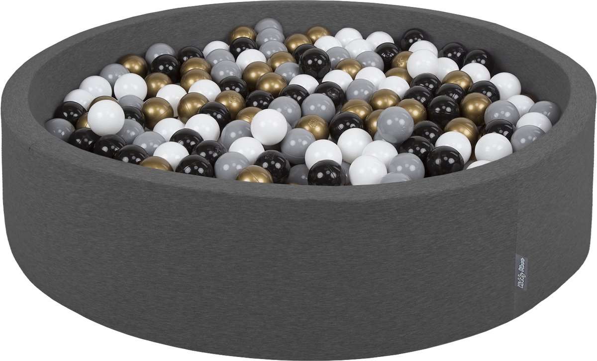 KiddyMoon rond ballenbad ballenbad 120x30cm/600 ballen ∅ 7cm ballenbakken kleurrijke ballen voor babys spelen zwembad peuters, gemaakt in de eu, donkergrijs:wit-grijs-zwart-goud