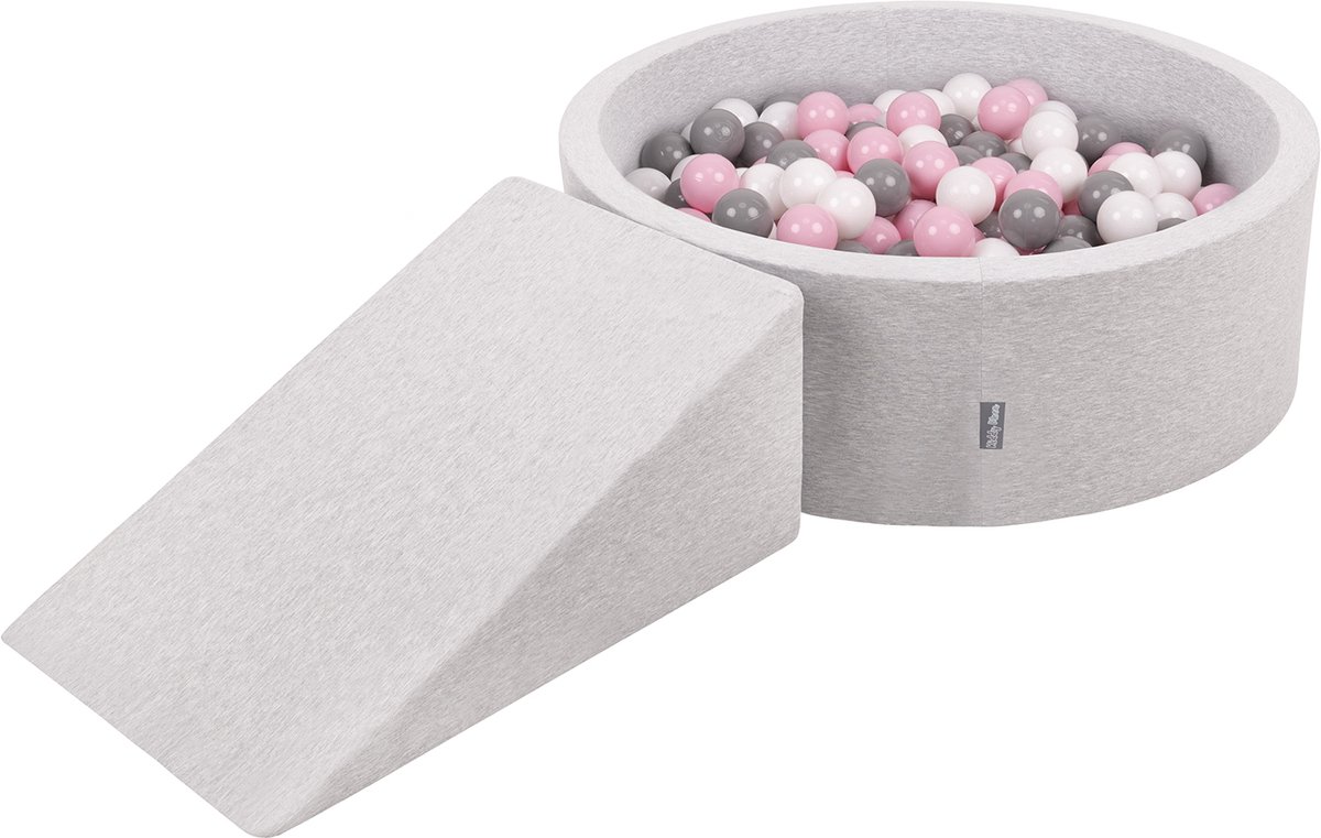 KiddyMoon schuimspeelplaats met rond ballenbad, wig (200 ballen) ballenbakken voor babys speelbad hindernisbanen, made in the eu, lichtgrijs:wit/grijs/poederroze
