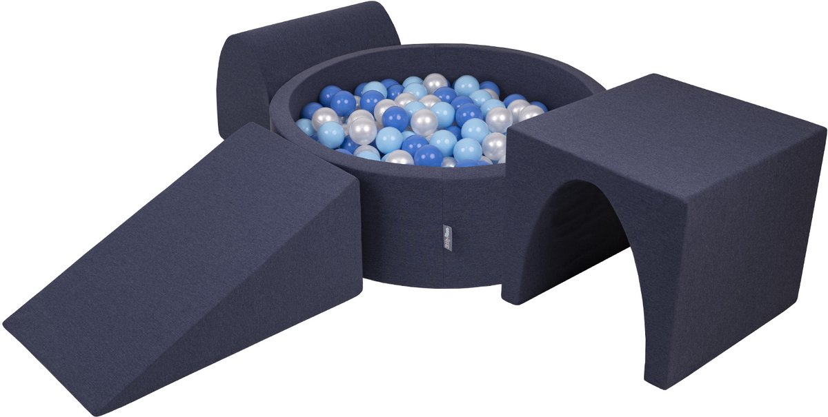 KiddyMoon schuimspeelplaats met rond ballenbad (200 ballen) ballenbakken voor babys speelbad hindernisbanen, made in the eu, donkerblauw:babyblue/blue/pearl