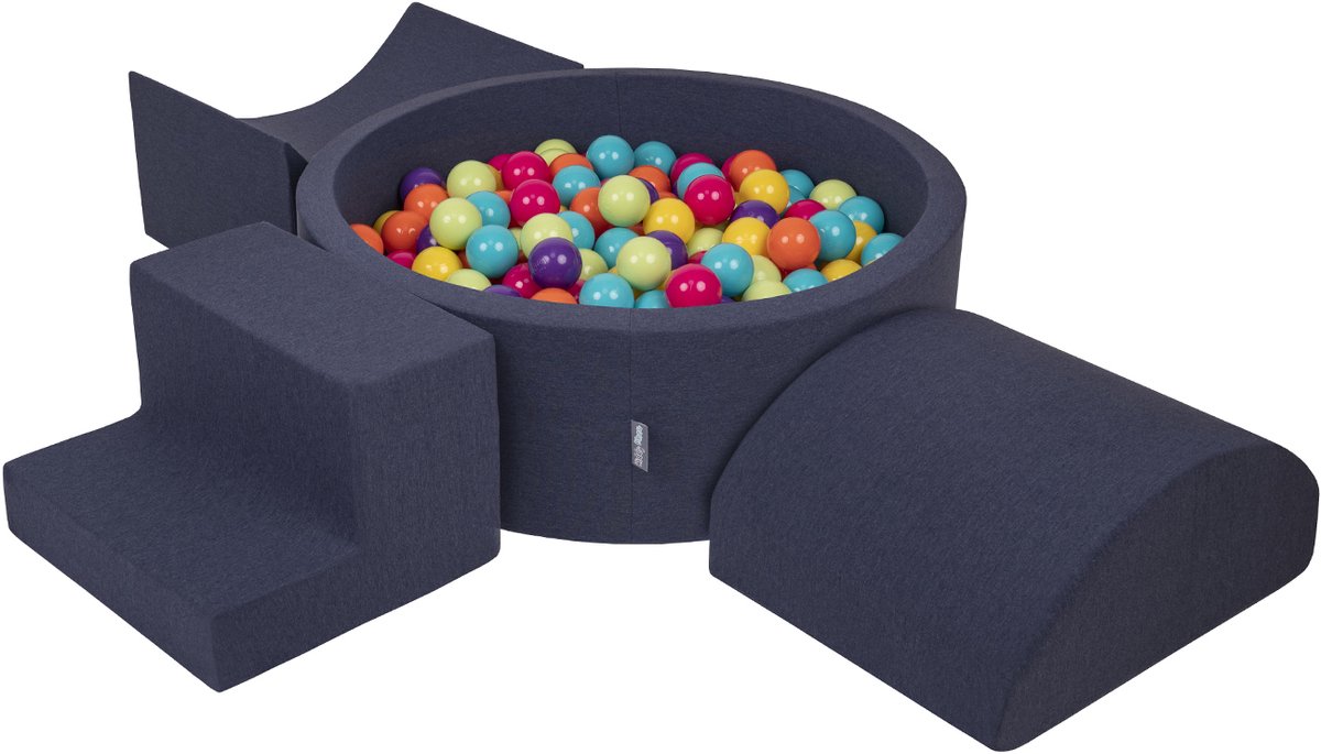 KiddyMoon schuimspeelplaats met rond ballenbad (200 ballen) ballenbakken voor babys speelbad hindernisbanen, made in the eu, donkerblauw:lichtgroen/geel/turquoise/oranje/roze/violet