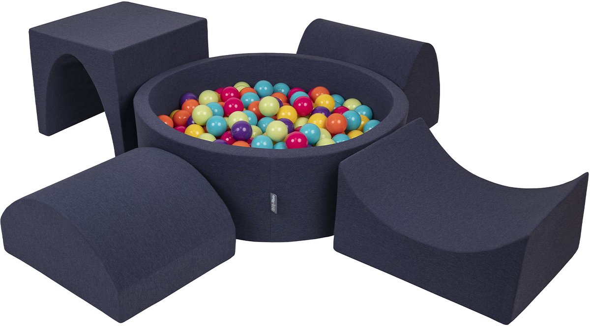 KiddyMoon schuimspeelplaats met rond ballenbad (200 ballen) ballenbakken voor babys speelbad hindernisbanen, made in the eu, donkerblauw:lichtgroen/geel/turquoise/oranje/roze/violet
