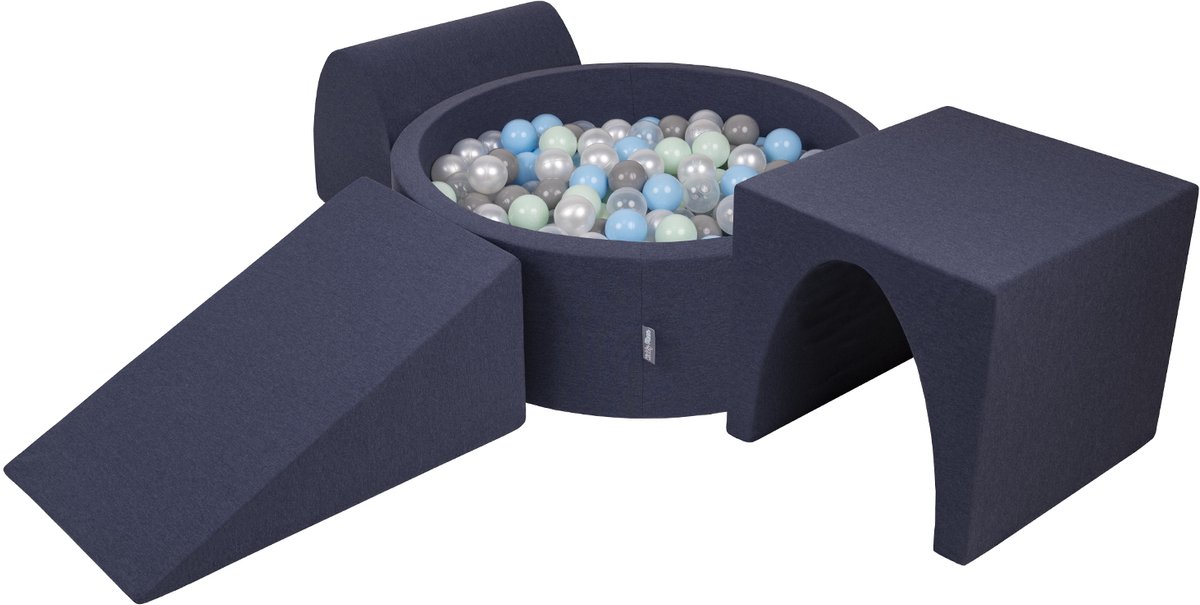 KiddyMoon schuimspeelplaats met rond ballenbad (200 ballen) ballenbakken voor babys speelbad hindernisbanen, made in the eu, donkerblauw:pearl/grijs/transparant/babyblauw/minze