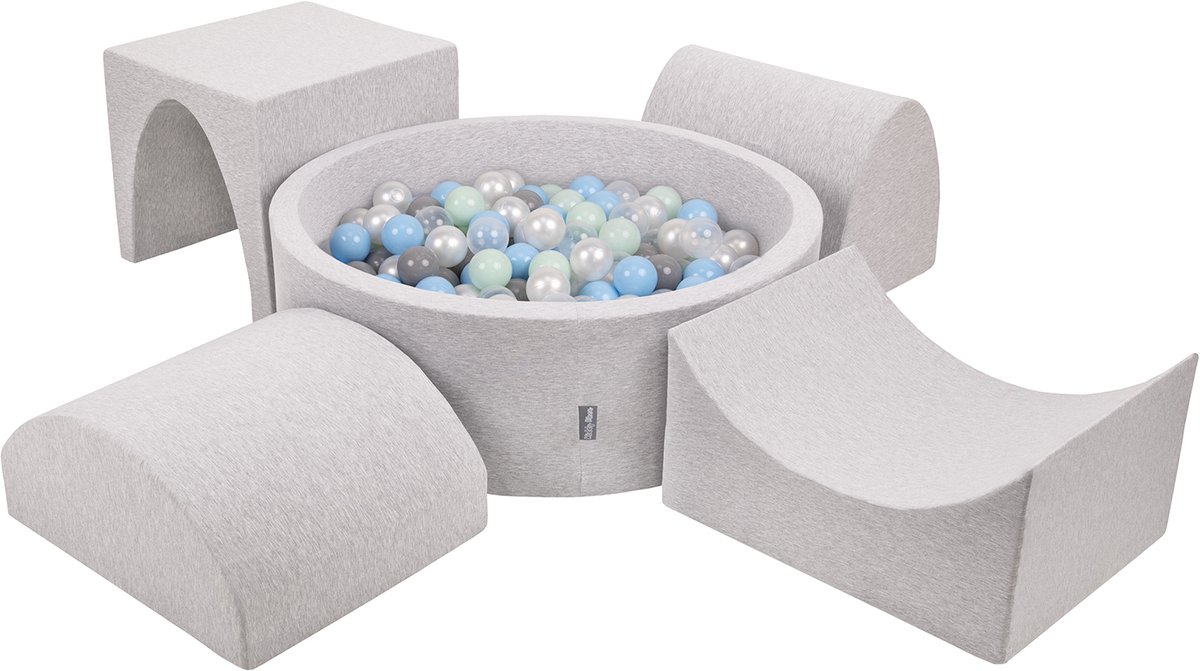   schuimspeelplaats met rond ballenbad (200 ballen) ballenbakken voor babys speelbad hindernisbanen, made in the eu, lichtgrijs:pearl/grey/transparent/babyblue/minze