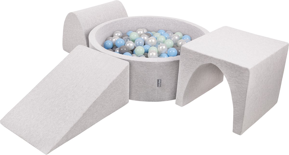 KiddyMoon schuimspeelplaats met rond ballenbad (200 ballen) ballenbakken voor babys speelbad hindernisbanen, made in the eu, lichtgrijs:pearl/grey/transparent/babyblue/minze