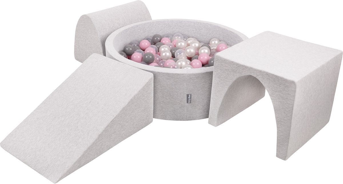 KiddyMoon schuimspeelplaats met rond ballenbad (200 ballen) ballenbakken voor babys speelbad hindernisbanen, made in the eu, lichtgrijs:pearl/grijs/transparant/powderroze