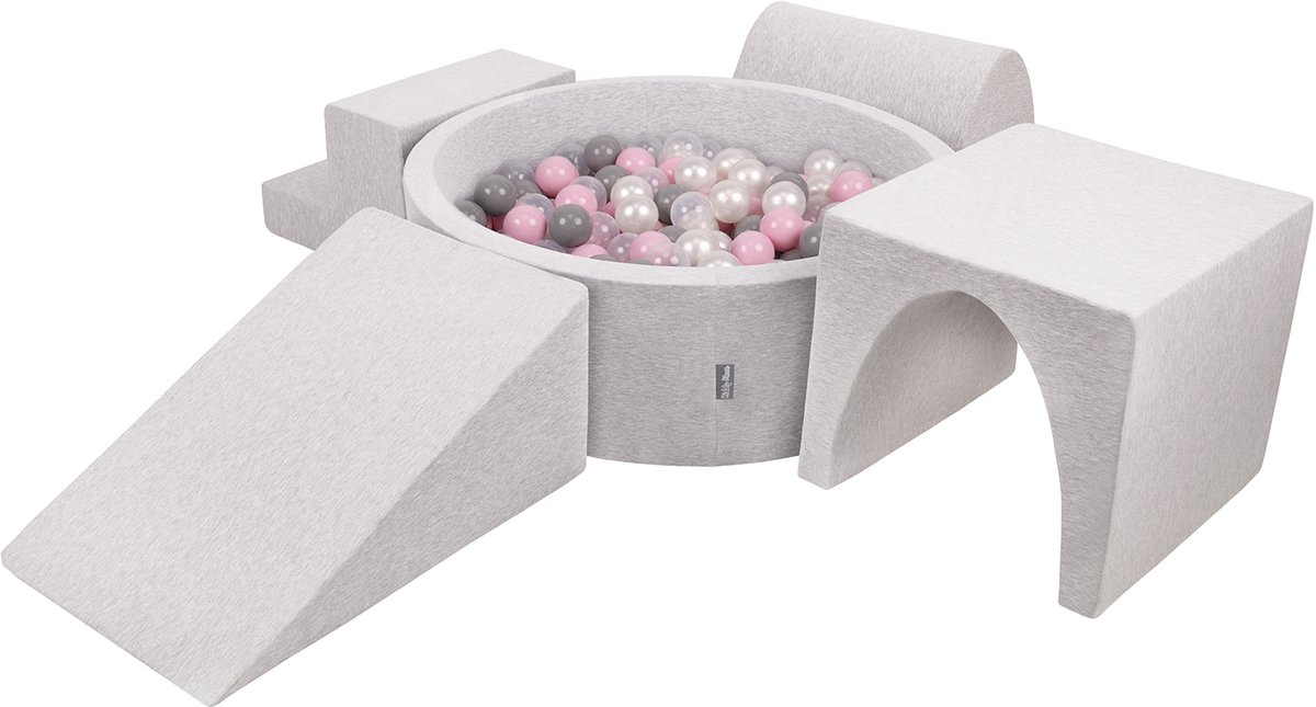 KiddyMoon schuimspeelplaats met rond ballenbad (200 ballen) ballenbakken voor babys speelbad hindernisbanen, made in the eu, lichtgrijs:pearl/grijs/transparant/powderroze