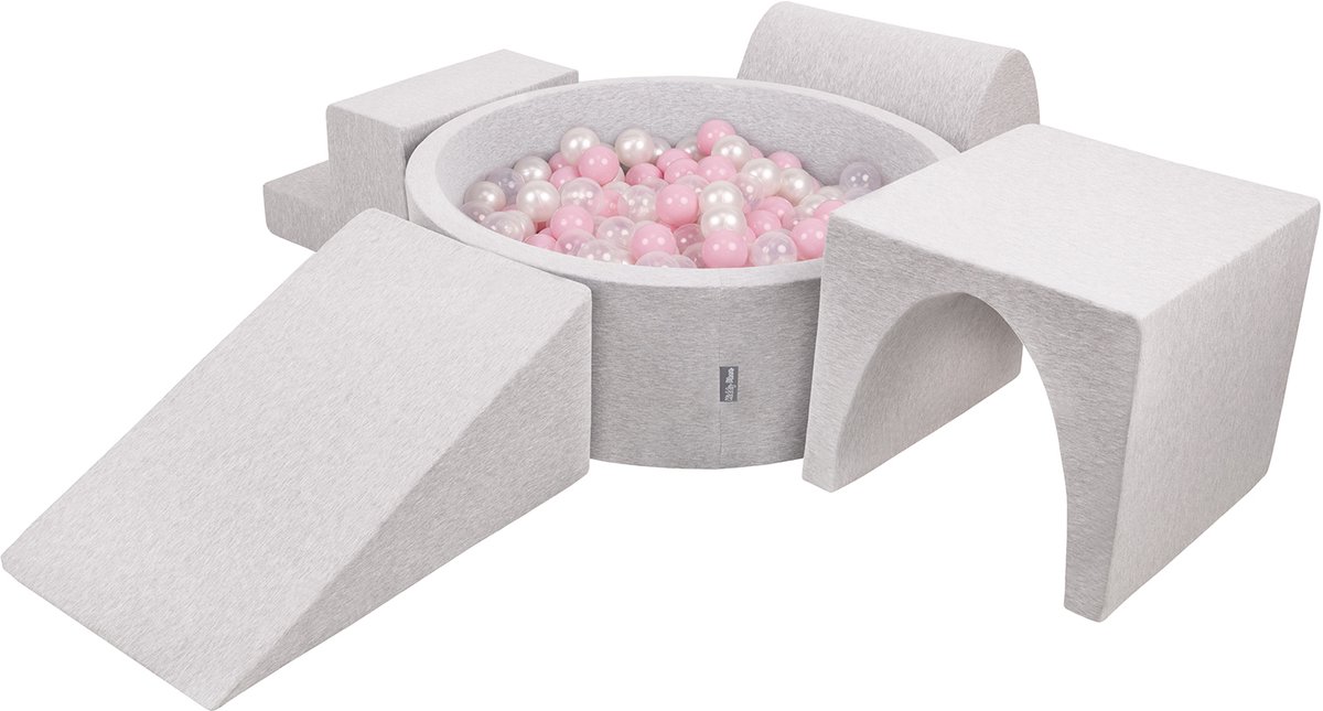 KiddyMoon schuimspeelplaats met rond ballenbad (200 ballen) ballenbakken voor babys speelbad hindernisbanen, made in the eu, lichtgrijs:poederroze/parelmoer/transparant
