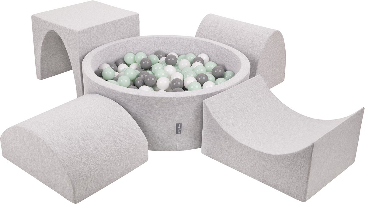 KiddyMoon schuimspeelplaats met rond ballenbad (200 ballen) ballenbakken voor babys speelbad hindernisbanen, made in the eu, lichtgrijs:wit/grijs/minze