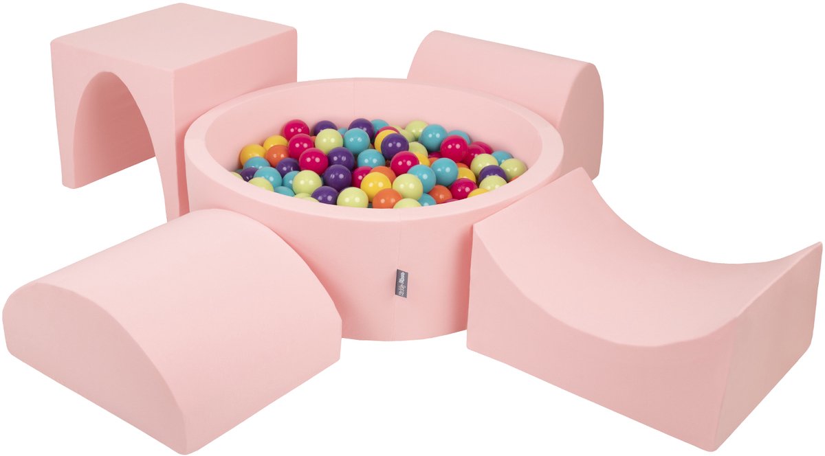 KiddyMoon schuimspeelplaats met rond ballenbad (200 ballen) ballenbakken voor babys speelbad hindernisbanen, made in the eu, roze:lichtgroen/geel/turquoise/oranje/donkerroze/violet