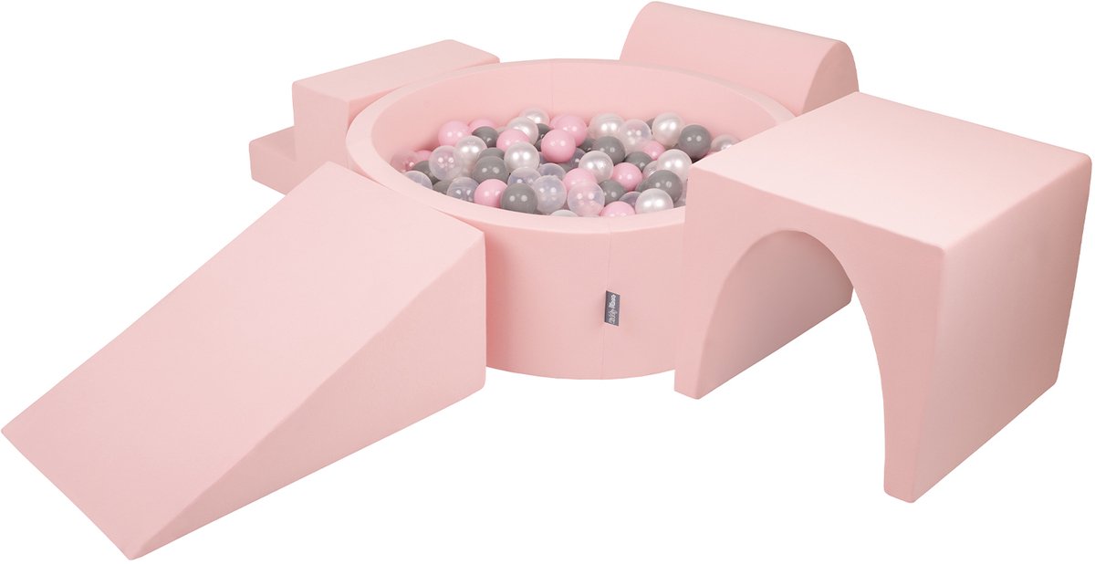 KiddyMoon schuimspeelplaats met rond ballenbad (200 ballen) ballenbakken voor babys speelbad hindernisbanen, made in the eu, roze:pearl/grijs/transparant/powderroze