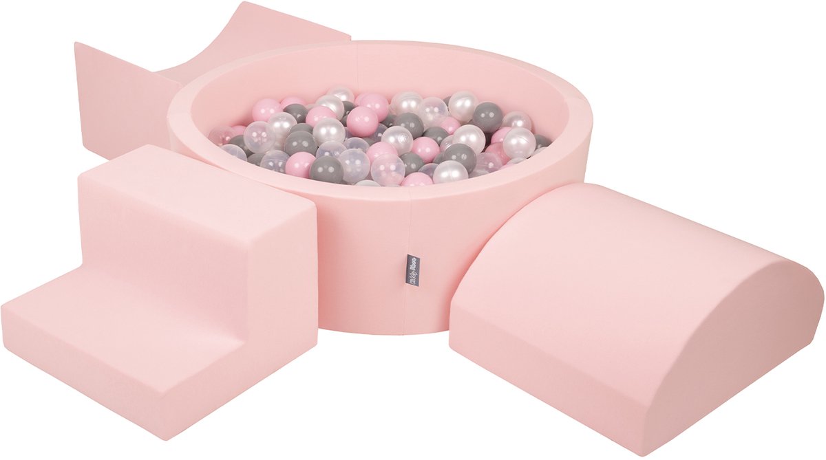 KiddyMoon schuimspeelplaats met rond ballenbad (200 ballen) ballenbakken voor babys speelbad hindernisbanen, made in the eu, roze:pearl/grijs/transparant/powderroze