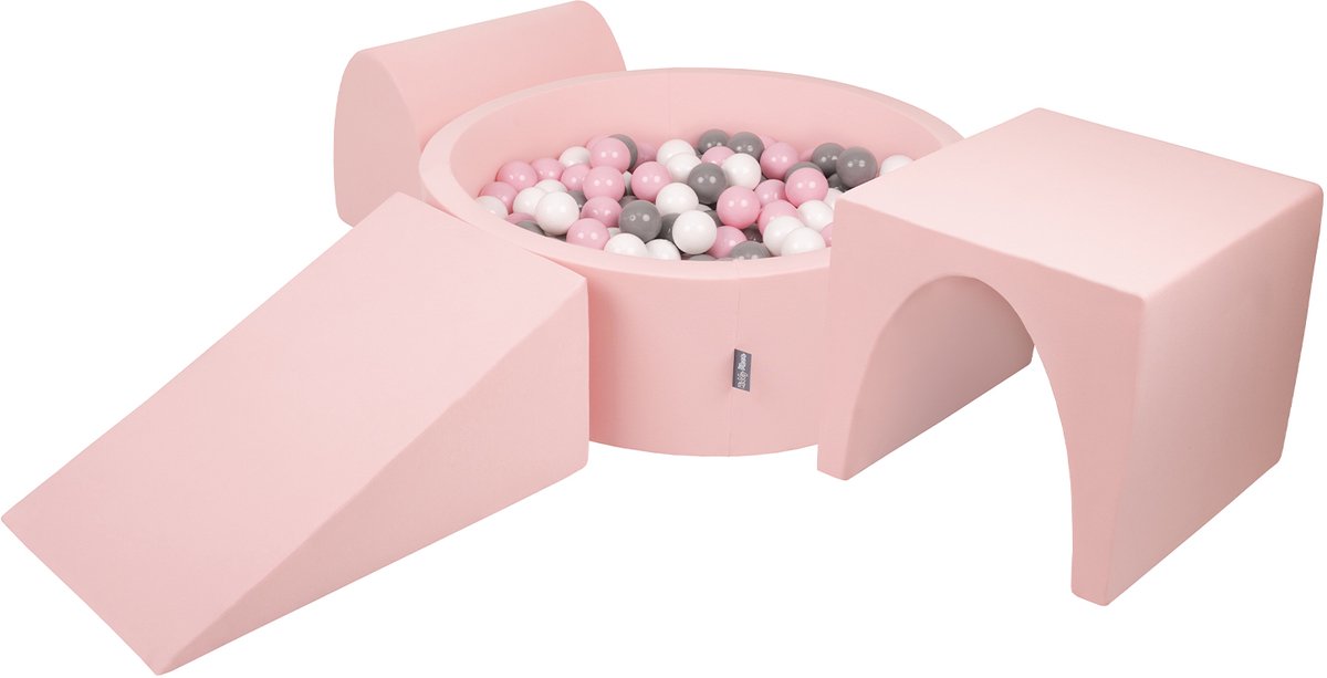 KiddyMoon schuimspeelplaats met rond ballenbad (200 ballen) ballenbakken voor babys speelbad hindernisbanen, made in the eu, roze:wit/grijs/poederroze