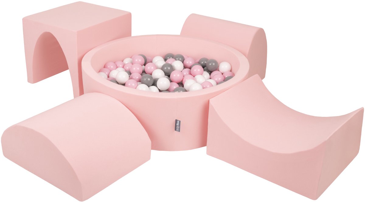 KiddyMoon schuimspeelplaats met rond ballenbad (200 ballen) ballenbakken voor babys speelbad hindernisbanen, made in the eu, roze:wit/grijs/poederroze