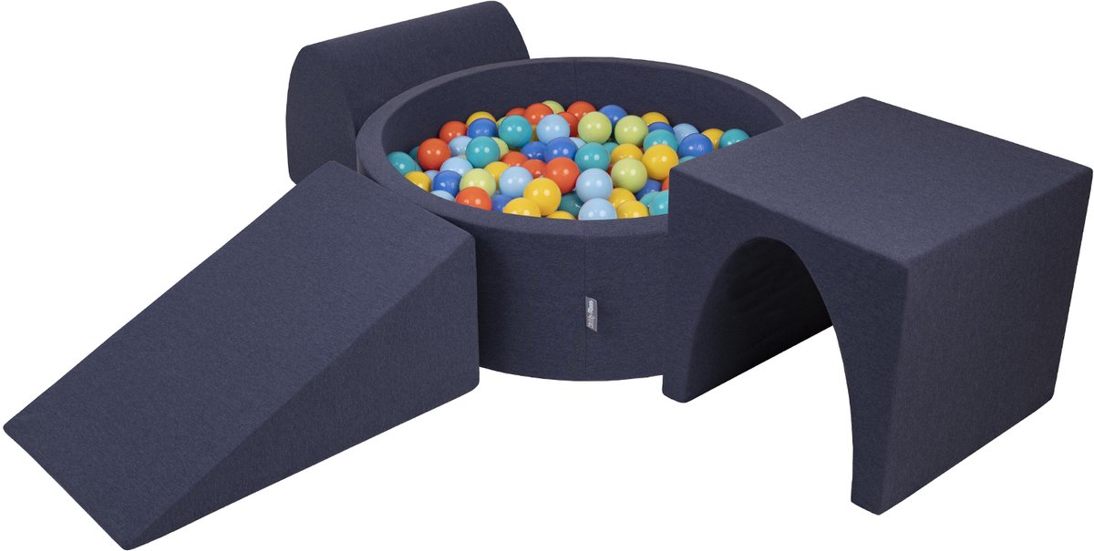 KiddyMoon schuimspeelplaats met rond ballenbad (300 ballen) ballenbakken voor babys speelbad hindernisbanen, made in the eu, donkerblauw:lichtgroen/oranje/turquoise/blauw/geel