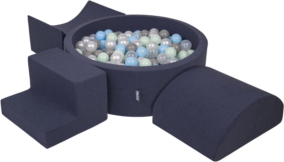 KiddyMoon schuimspeelplaats met rond ballenbad (300 ballen) ballenbakken voor babys speelbad hindernisbanen, made in the eu, donkerblauw:pearl/grijs/transparant/babyblauw/minze