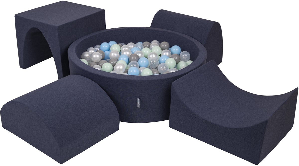 KiddyMoon schuimspeelplaats met rond ballenbad (300 ballen) ballenbakken voor babys speelbad hindernisbanen, made in the eu, donkerblauw:pearl/grijs/transparant/babyblauw/minze