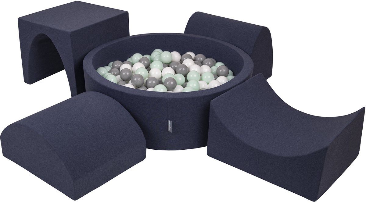 KiddyMoon schuimspeelplaats met rond ballenbad (300 ballen) ballenbakken voor babys speelbad hindernisbanen, made in the eu, donkerblauw:wit/grijs/mint