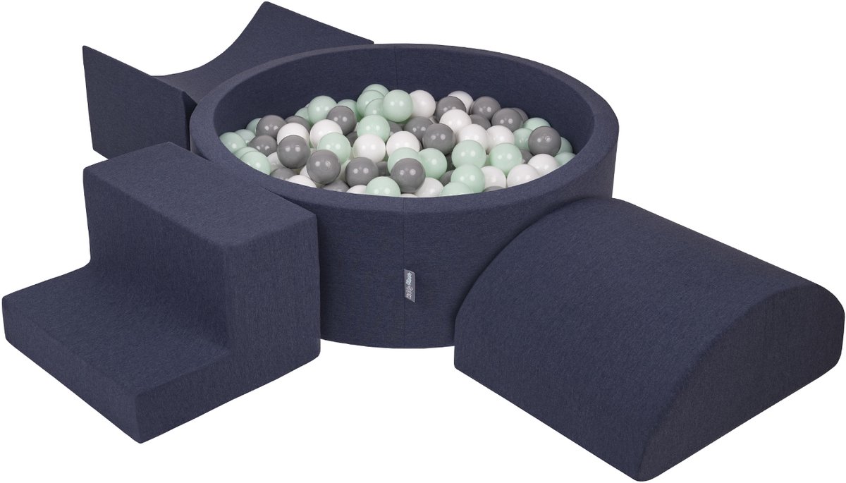 KiddyMoon schuimspeelplaats met rond ballenbad (300 ballen) ballenbakken voor babys speelbad hindernisbanen, made in the eu, donkerblauw:wit/grijs/mint