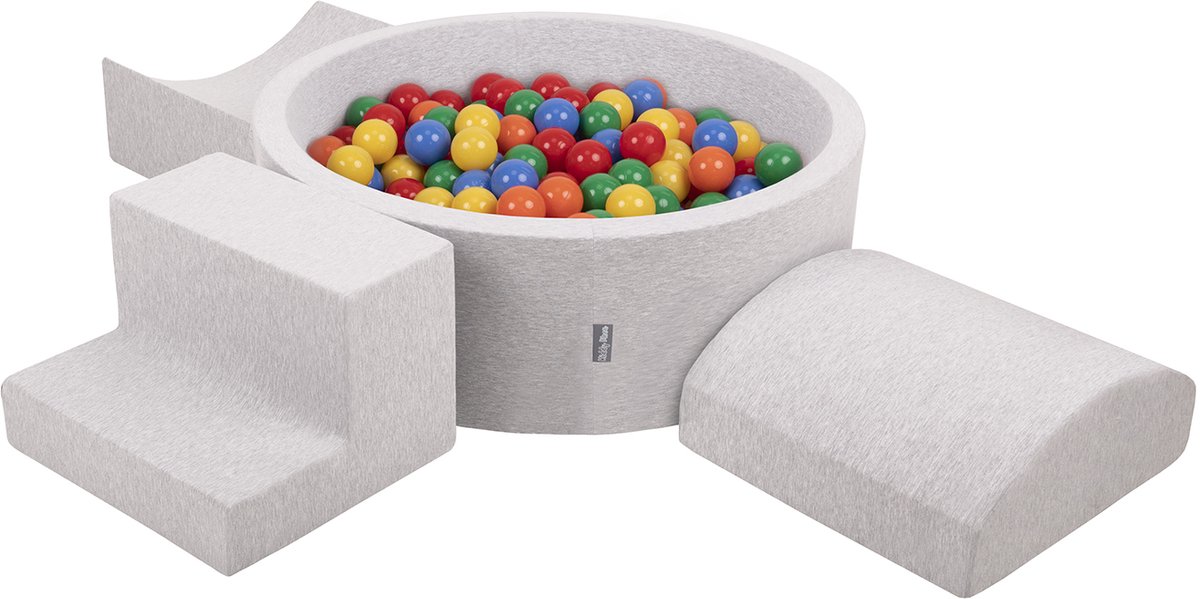 KiddyMoon schuimspeelplaats met rond ballenbad (300 ballen) ballenbakken voor babys speelbad hindernisbanen, made in the eu, lichtgrijs:geel/groen/blauw/rood/oranje