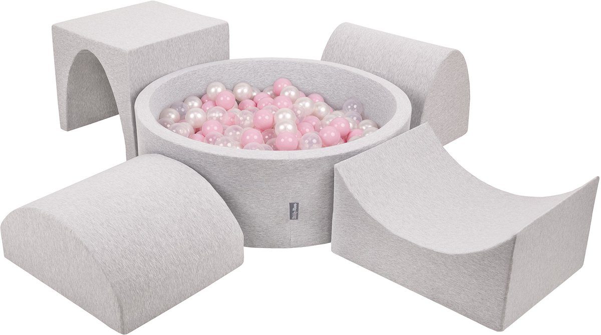 KiddyMoon schuimspeelplaats met rond ballenbad (300 ballen) ballenbakken voor babys speelbad hindernisbanen, made in the eu, lichtgrijs:poederroze/parelmoer/transparant