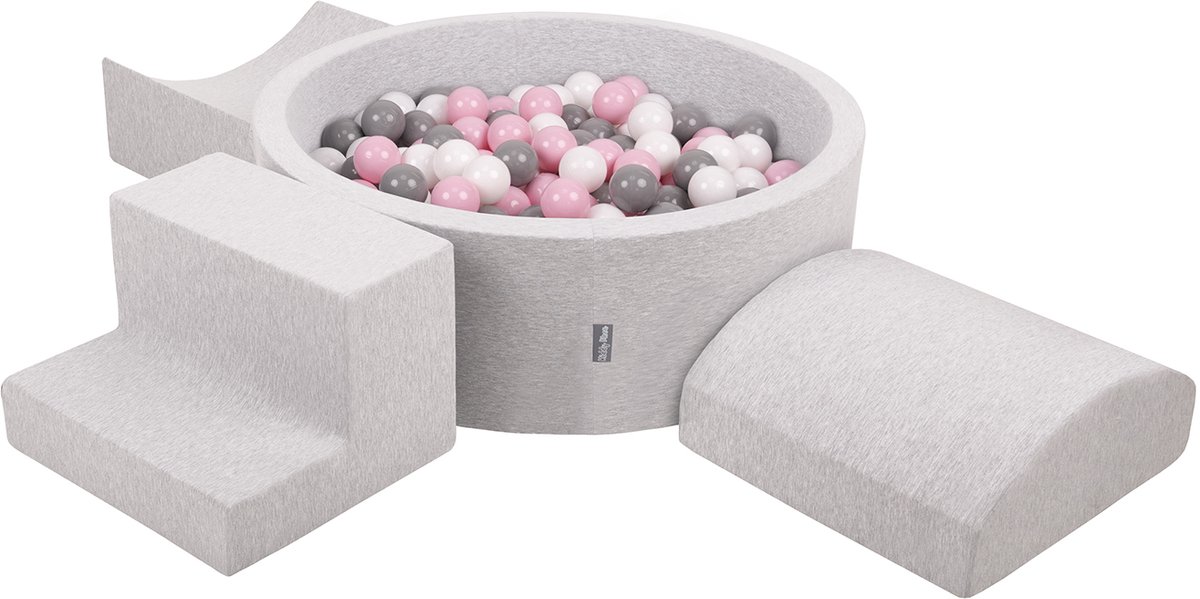 KiddyMoon schuimspeelplaats met rond ballenbad (300 ballen) ballenbakken voor babys speelbad hindernisbanen, made in the eu, lichtgrijs:wit/grijs/poederroze