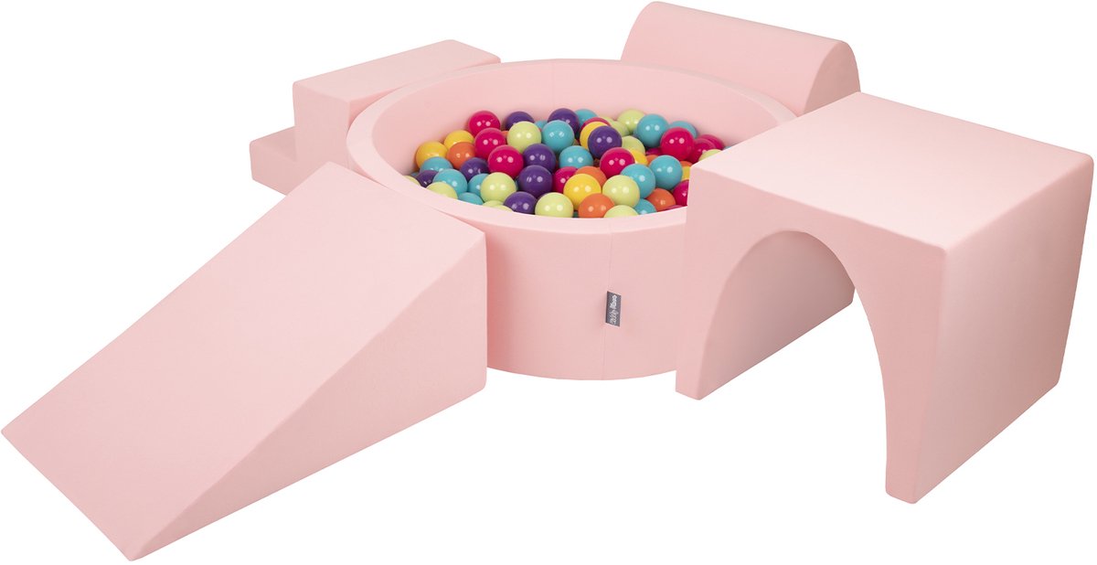 KiddyMoon schuimspeelplaats met rond ballenbad (300 ballen) ballenbakken voor babys speelbad hindernisbanen, made in the eu, roze:lichtgroen/geel/turquoise/oranje/donkerroze/violet