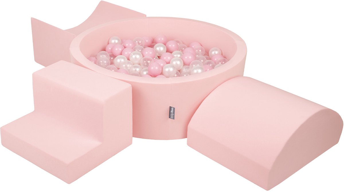 KiddyMoon schuimspeelplaats met rond ballenbad (300 ballen) ballenbakken voor babys speelbad hindernisbanen, made in the eu, roze:poederroze/parelmoer/transparant